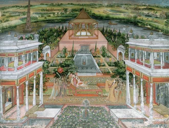 A Mughal Princess being Entertained by Female Attendants in a Palace Garden in Rajasthan, 1700